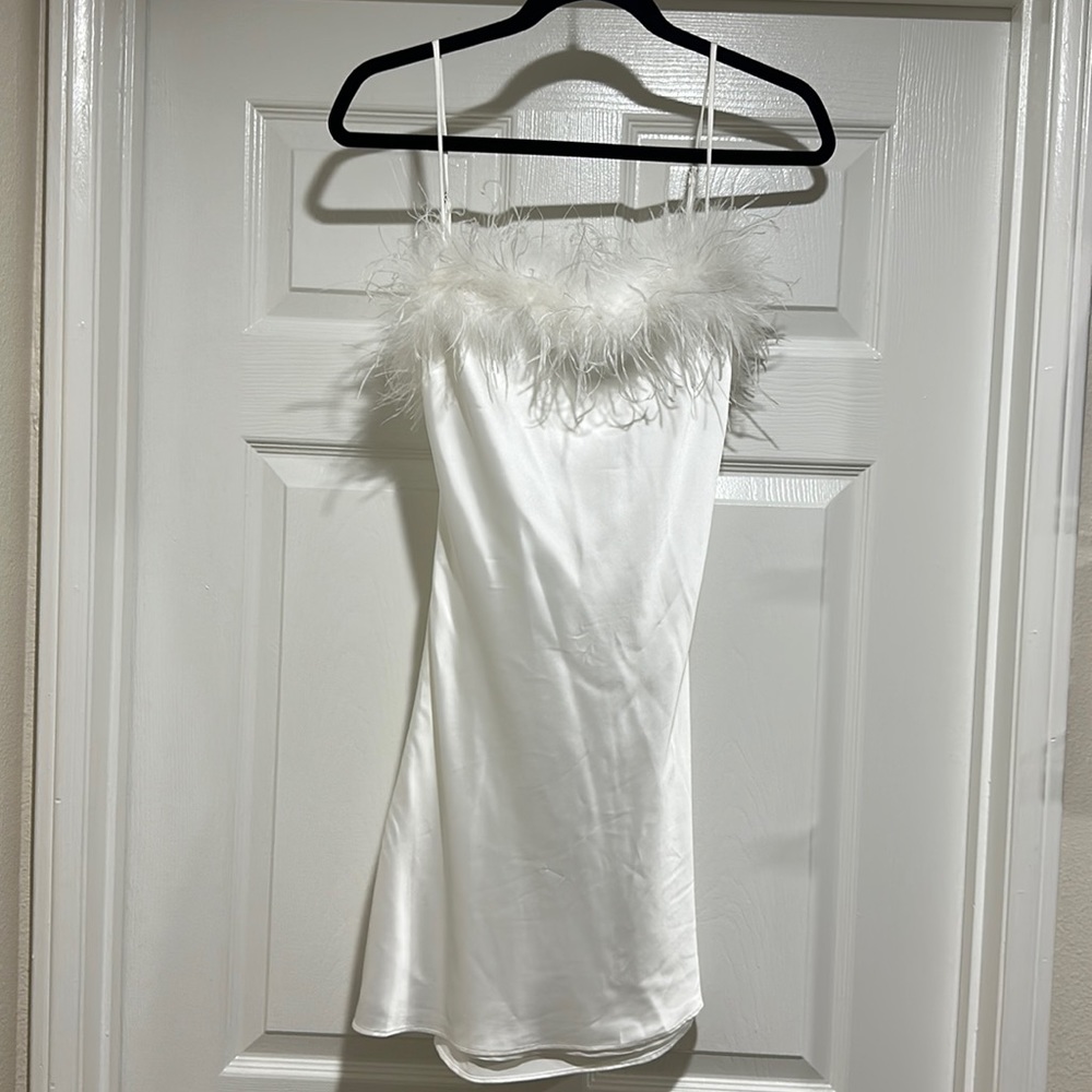 Medium White Satin dress with feather trim *never worn*
